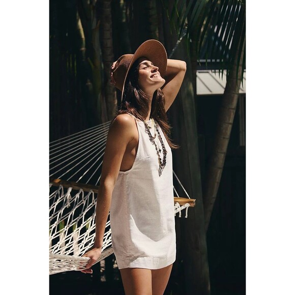 Free People Free-Est Beachside Cotton-Linen Mini Dress Ivory Slip Beach M 281374 - Picture 1 of 8
